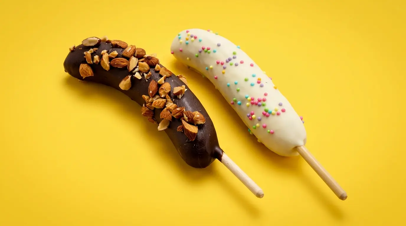 ホワイトチョコとミルクチョコの冷凍チョコバナナ。カラースプレーとアーモンドの2種類